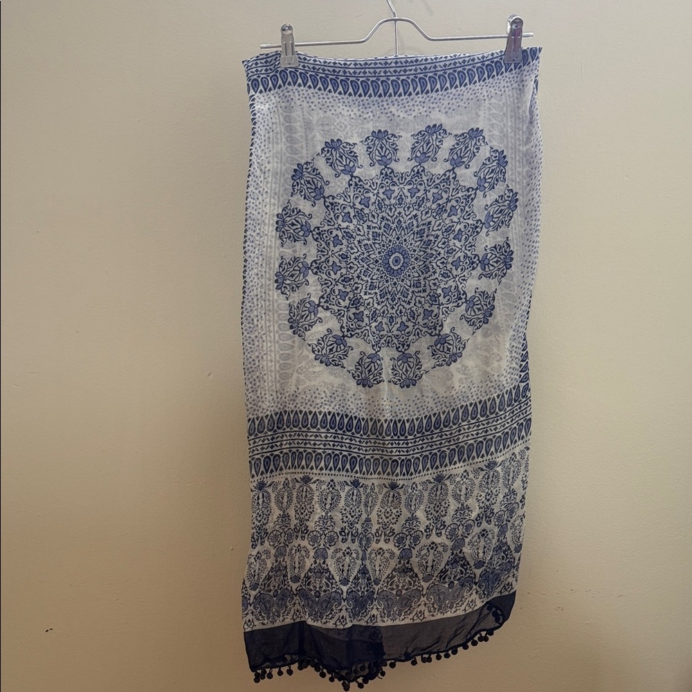 Blue & White Printed Tassel Scarf Wrap